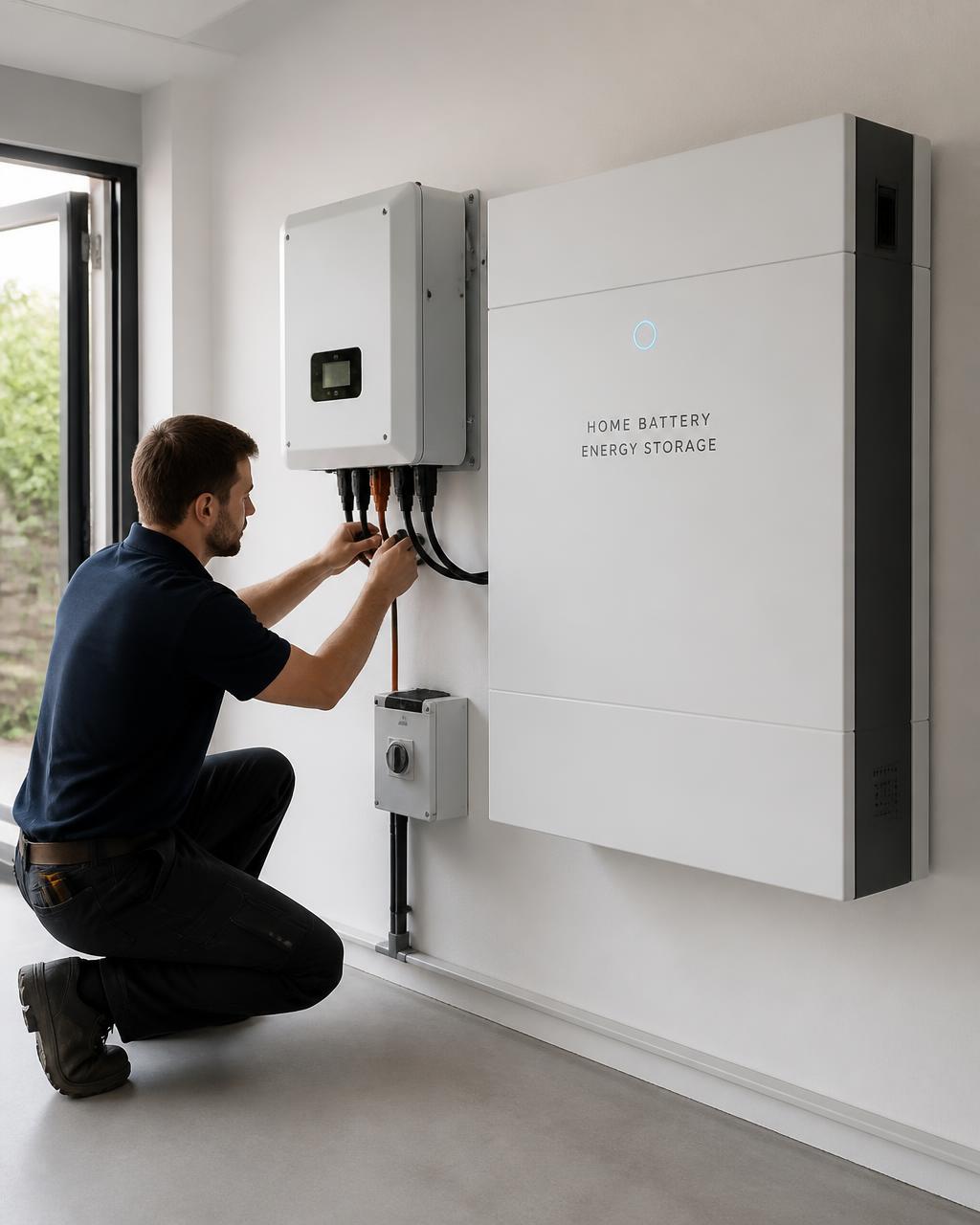 Väggmonterat batterilager med växelriktare installeras i ett teknikutrymme