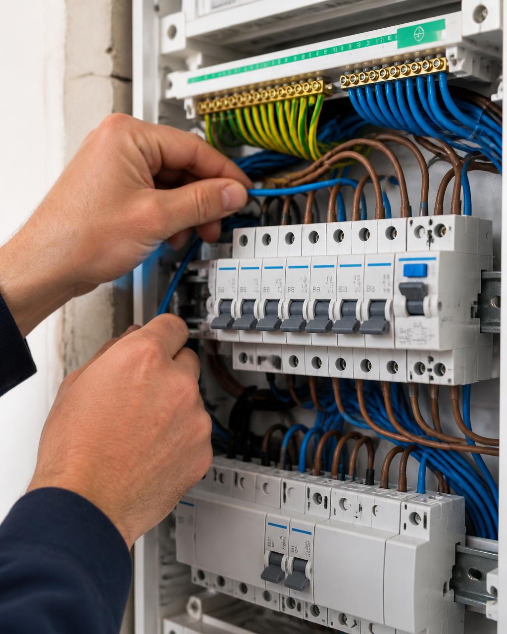 Elektriker kopplar in ledningar i en elcentral med automatsäkringar