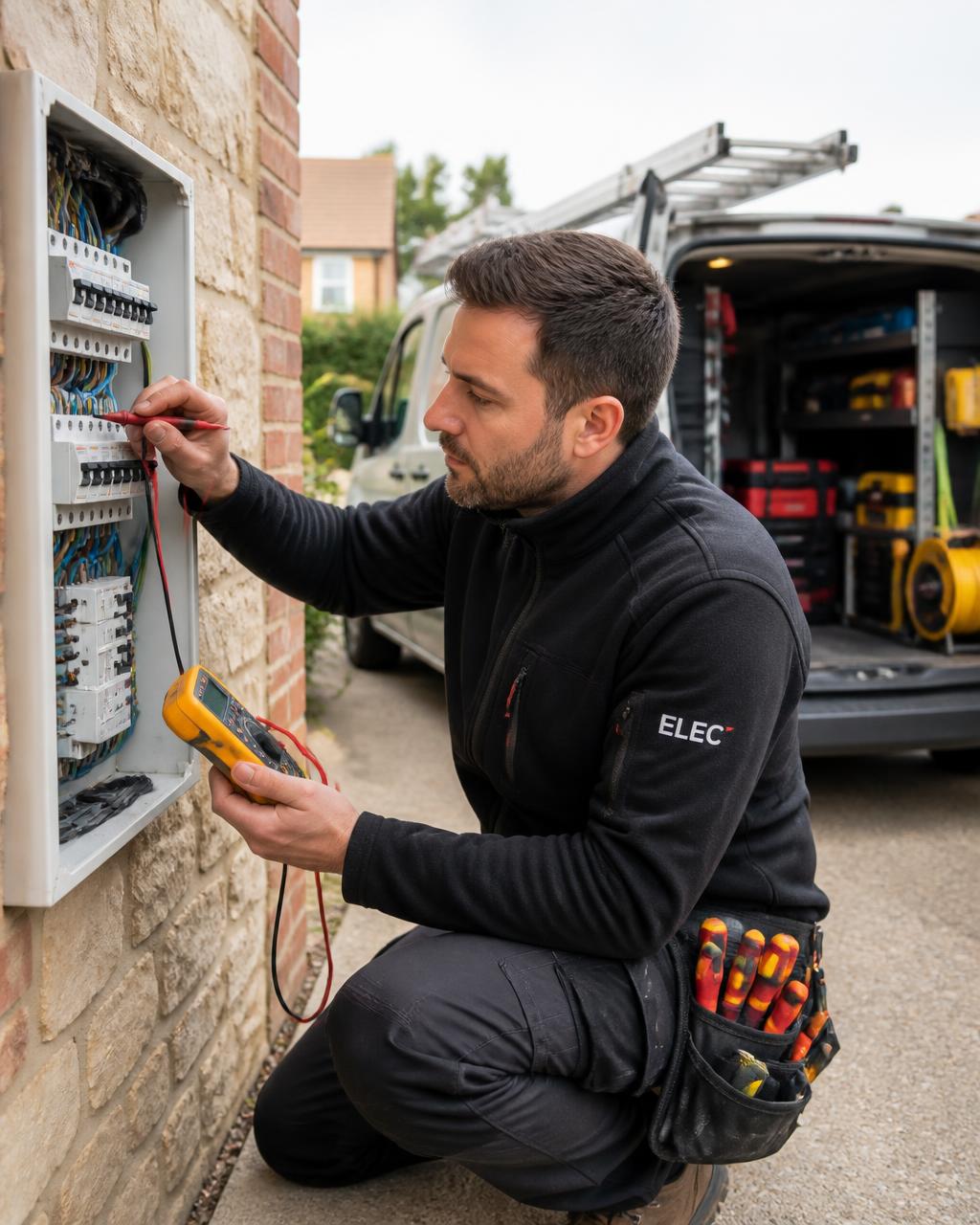 Elektriker mäter i en elcentral vid ett servicebesök hos kund