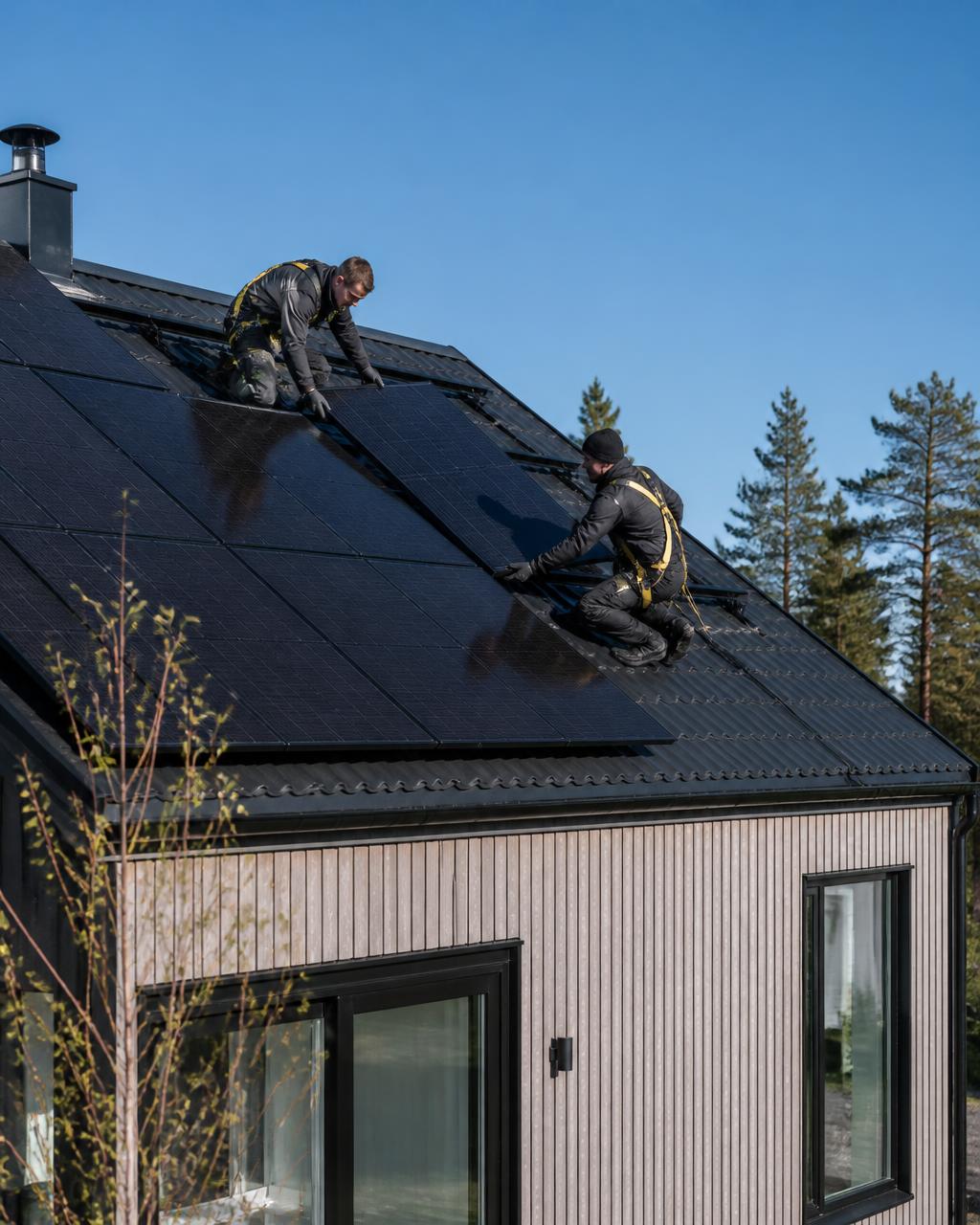 Montörer installerar svarta solcellspaneler på taket till ett hus