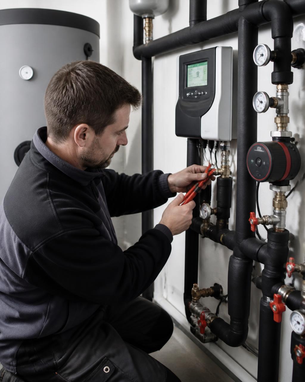 Tekniker utför service på pumpstation och styrning i ett solvärmesystem